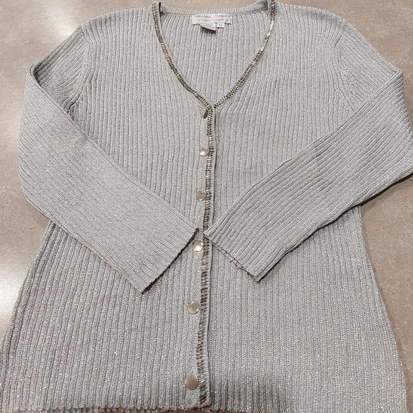 ADRIANNA PAPELL Evening Essentials Silver Metallic Beaded Trim Cardigan Size: M - Picture 6 of 6